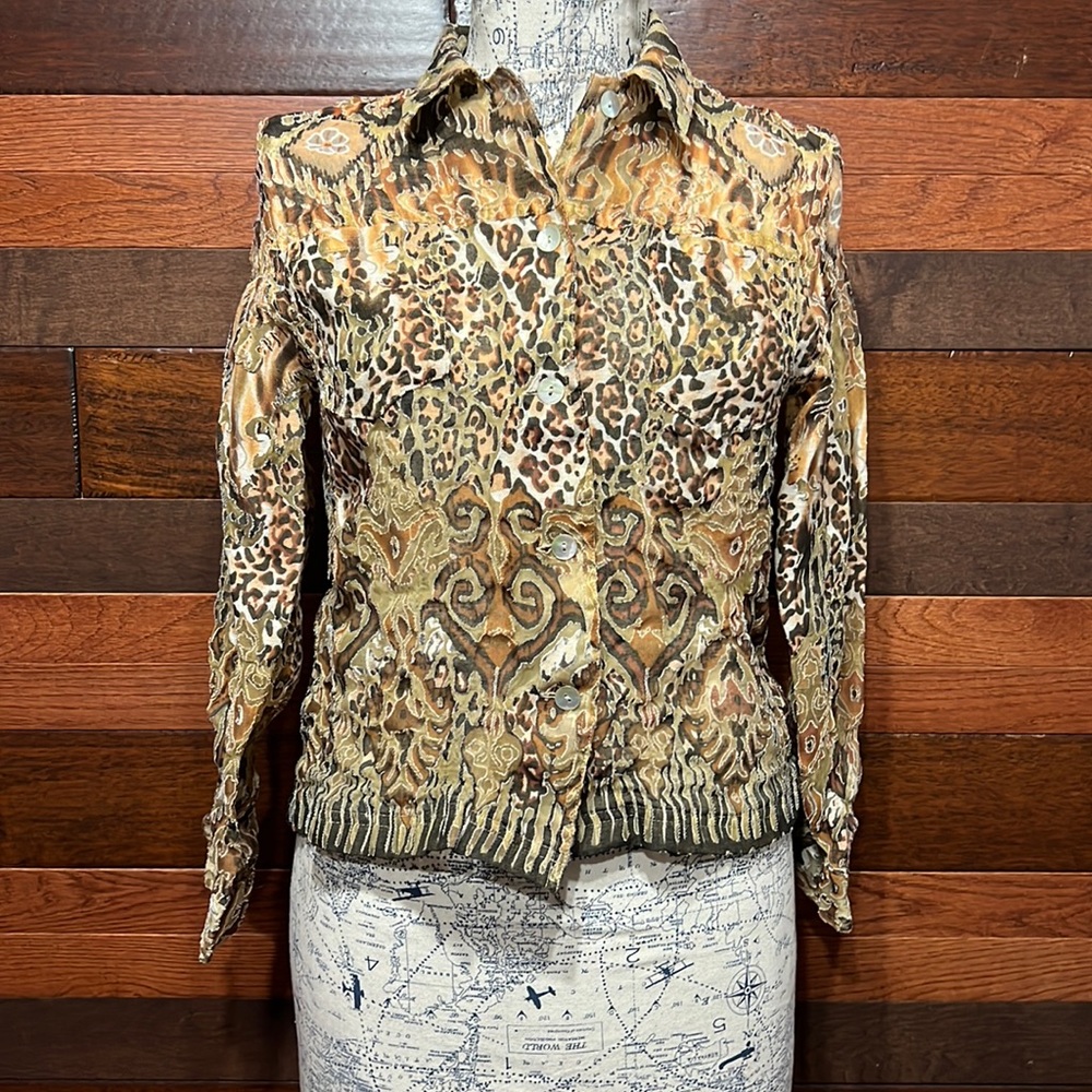 Alfred Dunner Collared Long Sleeve Semi Sheer Floral Animal Print Blouse